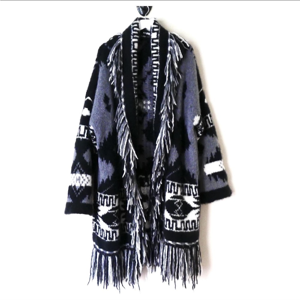Alanui Fringed Black and Gray Patterned Cashmere Cardigan